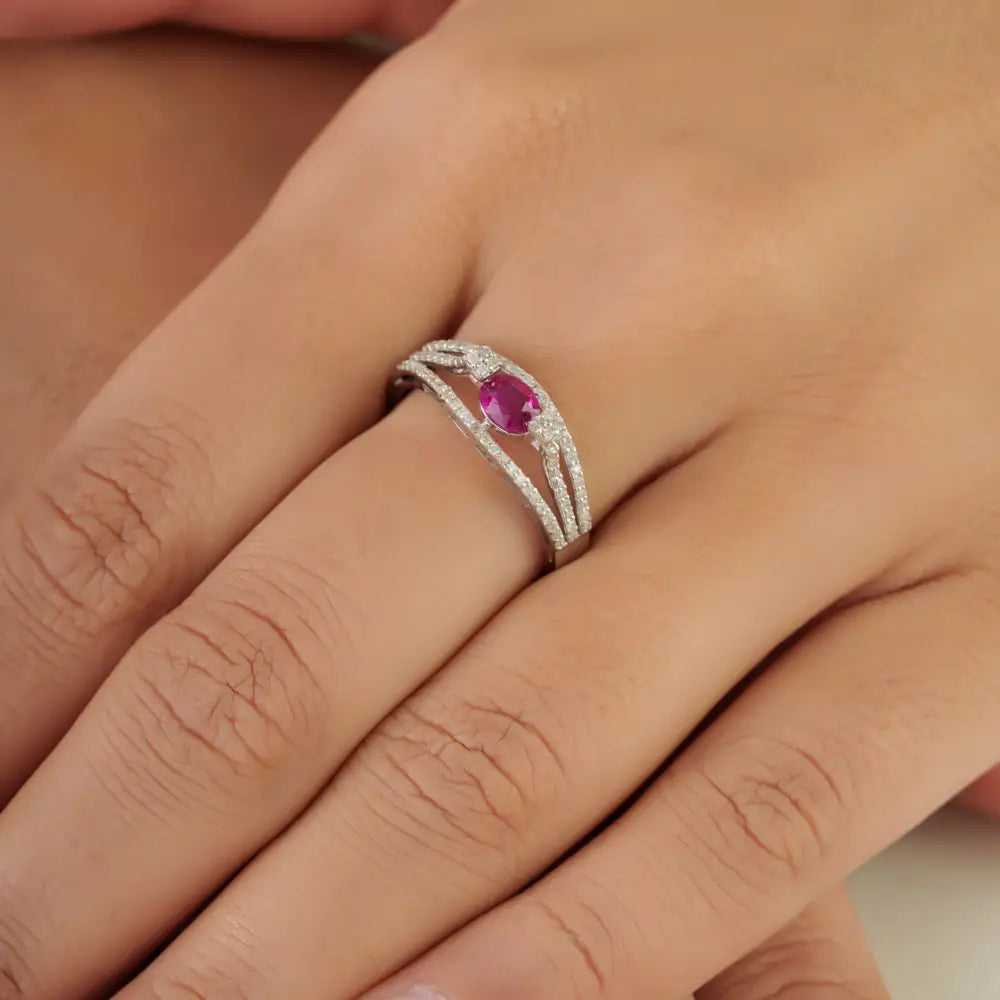 Precious Gemstone Ruby & Diamond Triple Layer Engagement Ring K14 White Gold Jewelry