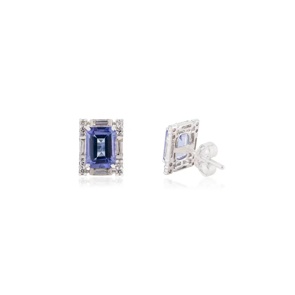Elegant & Classic Style Tanzanite & Diamond 14K Solid White Gold Halo Stud Earrings