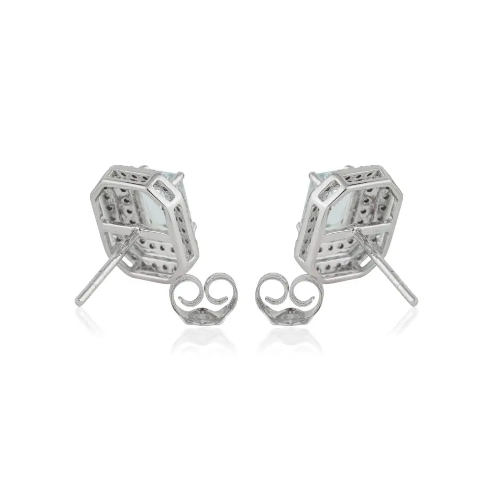 Prong Set Aquamarine & Diamond Double Cluster Stud Earrings Handmade 14K Real White Gold