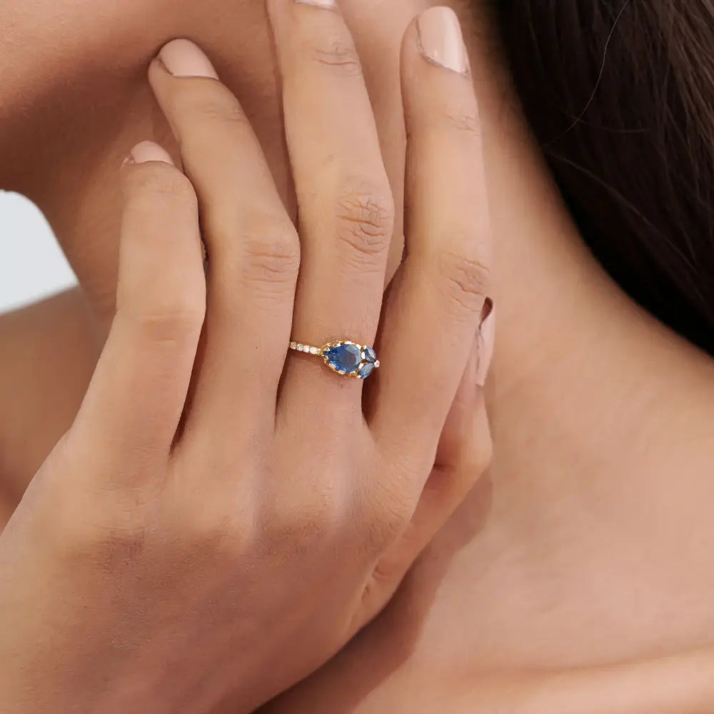 Simple Elegant Blue Sapphire & Diamond Three Stone Stacking Ring Solid 14K Yellow Gold