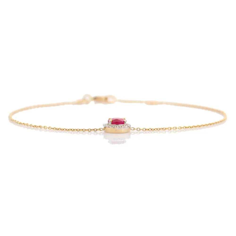 July Birthstone Ruby & Diamond 14K Real Yellow Gold Single Stone Halo Bracelet Trending Jewelry