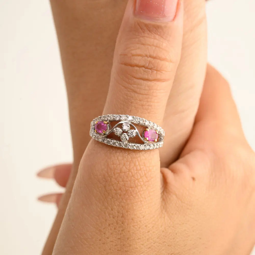 Designer Jewelry Natural Pink Sapphire & Diamond 14K Solid White Gold Ring