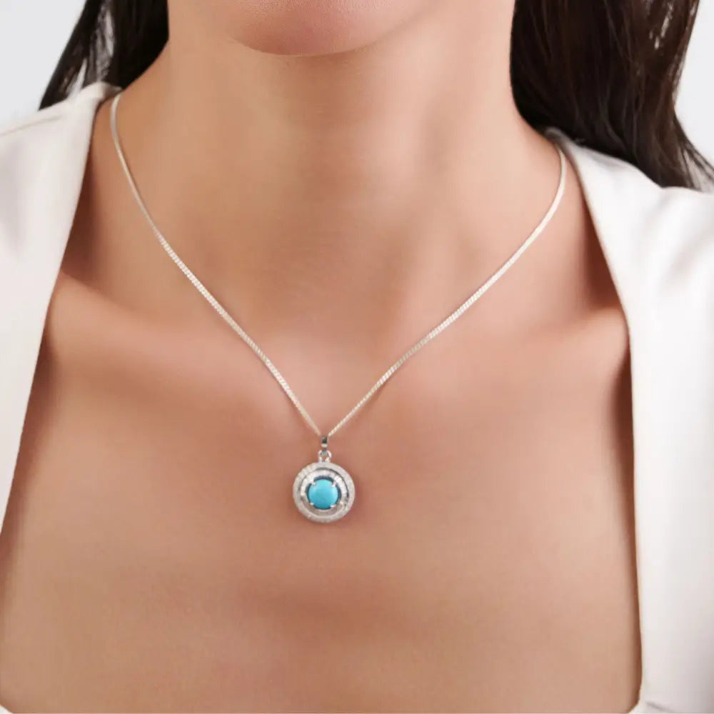 Best Seller 8mm Round Cut Turquoise & Diamond 14K Real White Gold Double Cluster Pendant