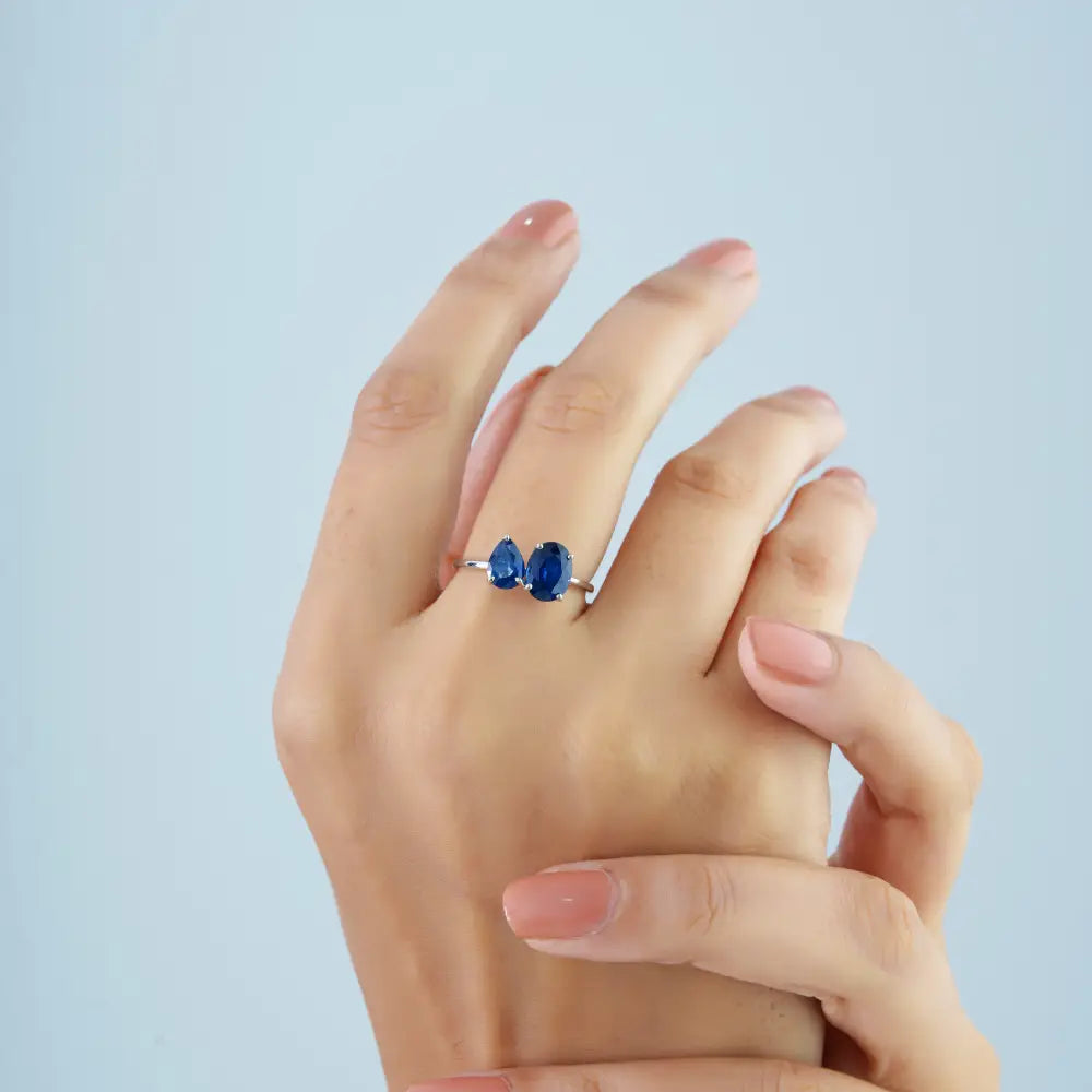 Best Selling Blue Sapphire Gemstone 14K Real White Gold Toi et Moi Ring Custom Jewelry
