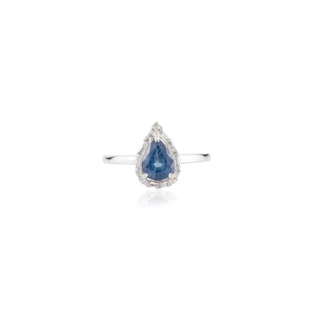 Latest Design 14K Solid White Gold Blue Sapphire & Diamond Halo Engagement Ring B2B Jewelry