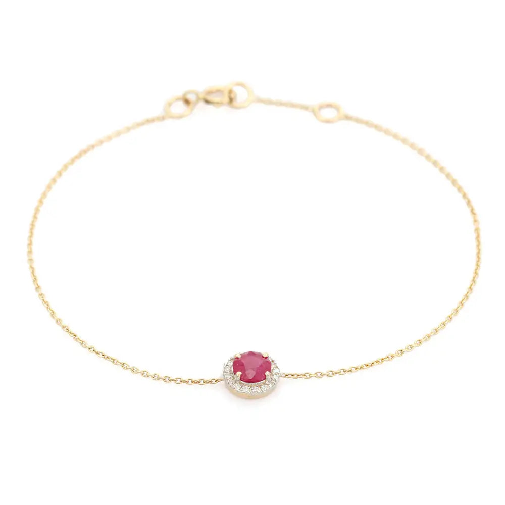 July Birthstone Ruby & Diamond 14K Real Yellow Gold Single Stone Halo Bracelet Trending Jewelry