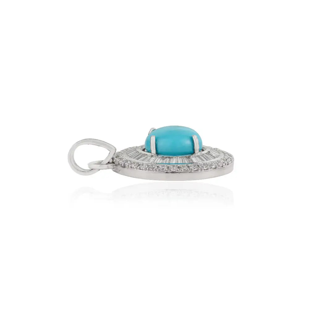 Best Seller 8mm Round Cut Turquoise & Diamond 14K Real White Gold Double Cluster Pendant