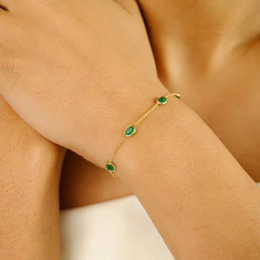 Light Weight Simple Real K14 Yellow Gold Emerald Stacking Station Chain Bracelet For Unisex