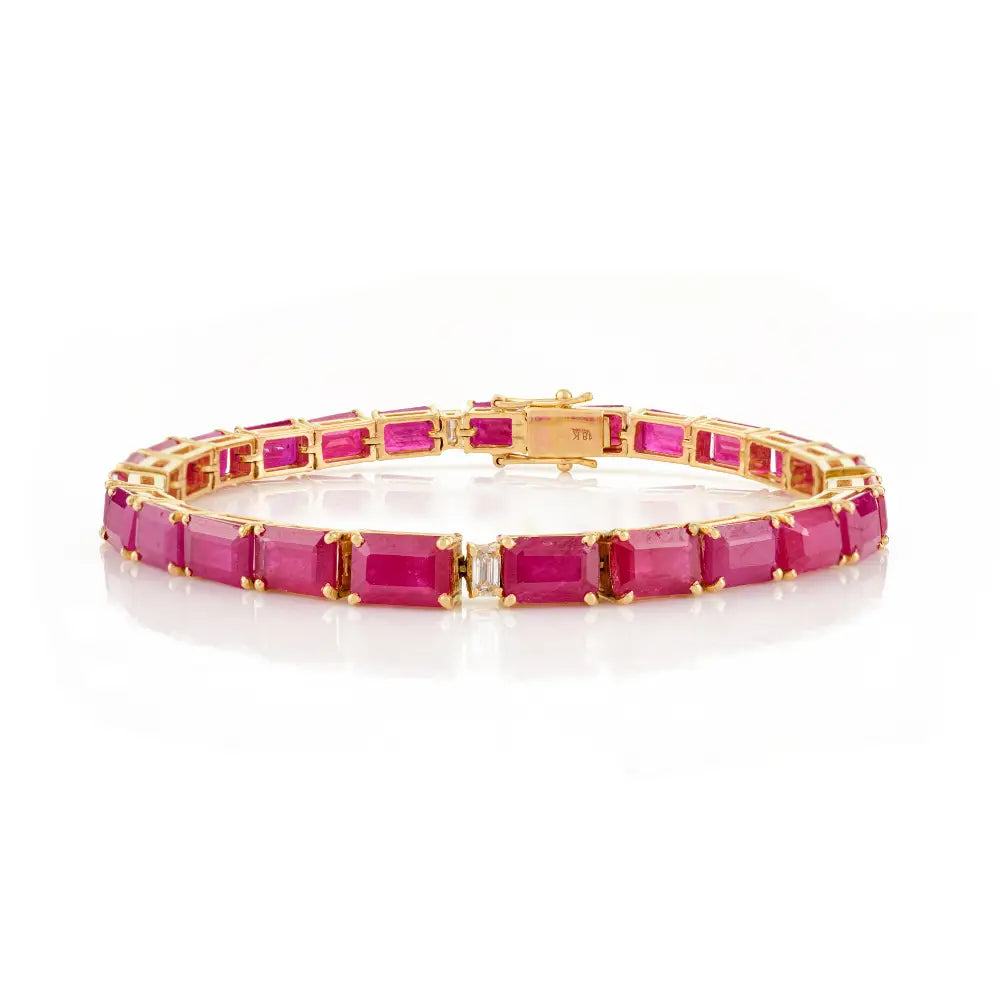 Gorgeous Fine Real Ruby & Diamond Statement Tennis Bracelet Pure 18K Yellow Gold Jewelry