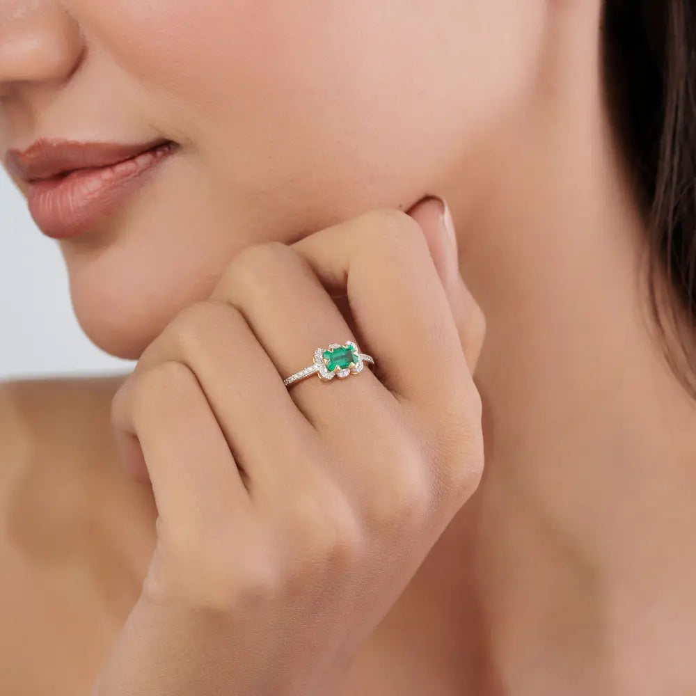 6x4mm Emerald & Diamond Real K14 Yellow Gold Stacking Ring Latest Design Fine Jewelry