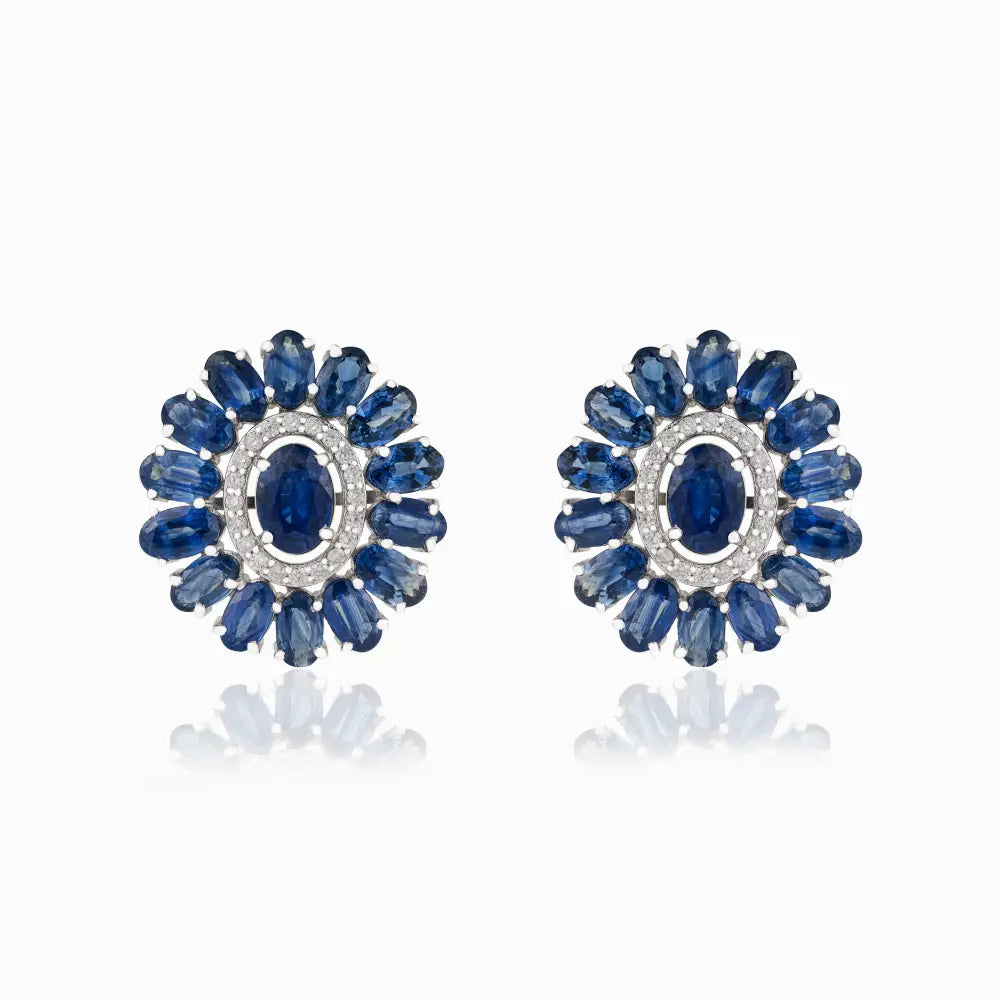 Blue Sapphire & Diamond Halo Flower Shape Stud Earrings For Wedding 14K Real White Gold