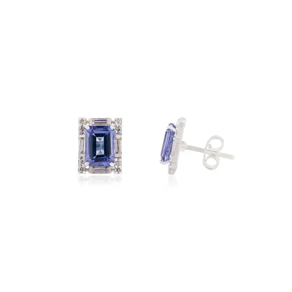 Elegant & Classic Style Tanzanite & Diamond 14K Solid White Gold Halo Stud Earrings