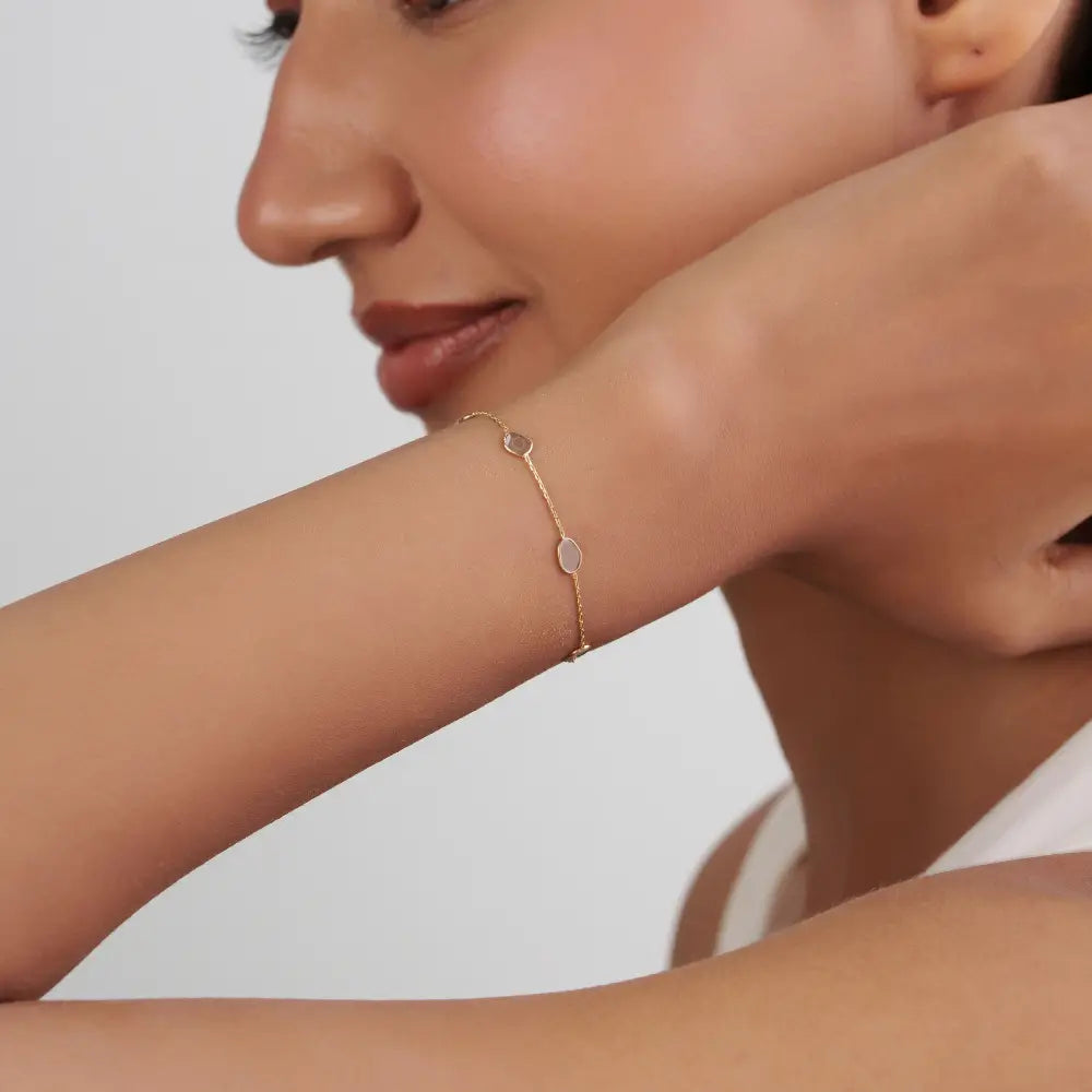 Bezel Set Natural Polki Diamond Minimalist Station Chain Bracelet Light Weigth Jewelry 14K Yellow Gold
