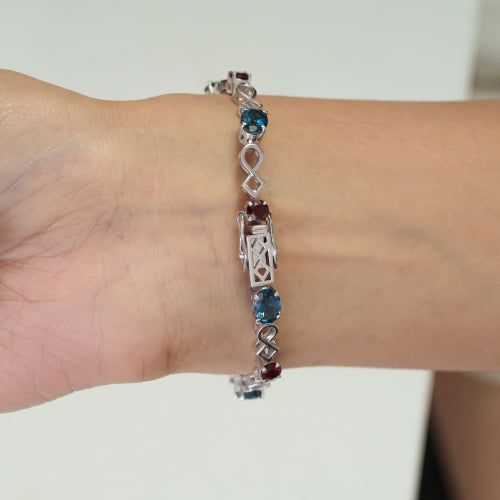 Genuine London Blue Topaz & Garnet Gemstone New Design 925 Silver Tennis Bracelet