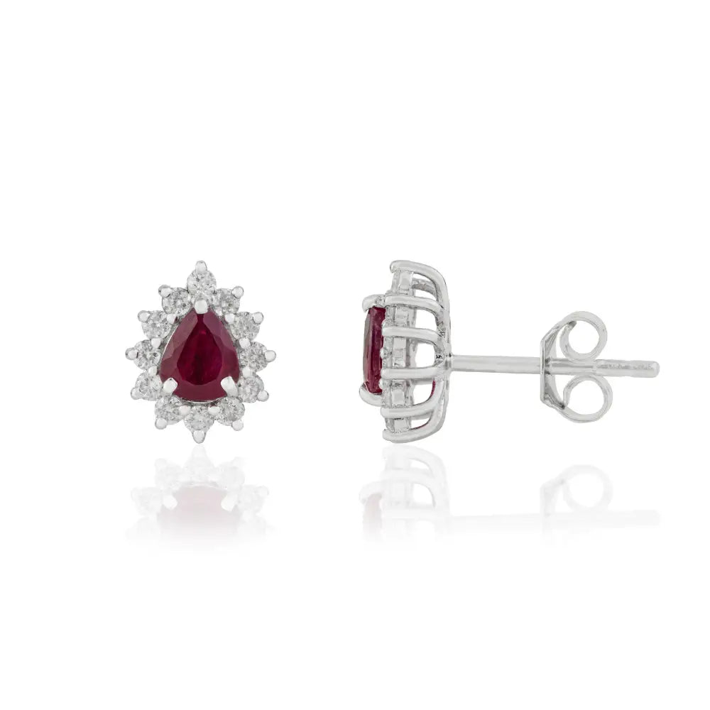 Stunning 18K Real White Gold Ruby & Diamond Pear Shape Cluster Stud Earrings For Women