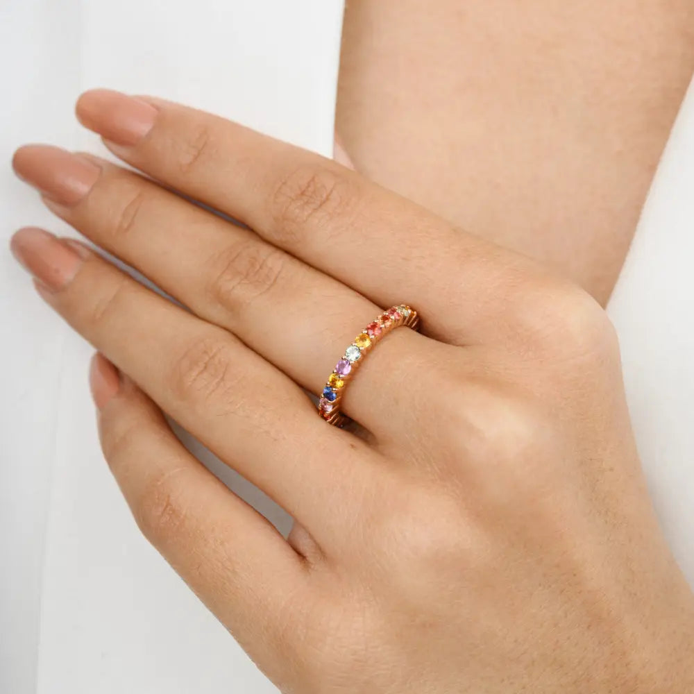 Minimalist Jewelry 14K Rose Gold Natural Multi Gemstone Eternity Band Ring