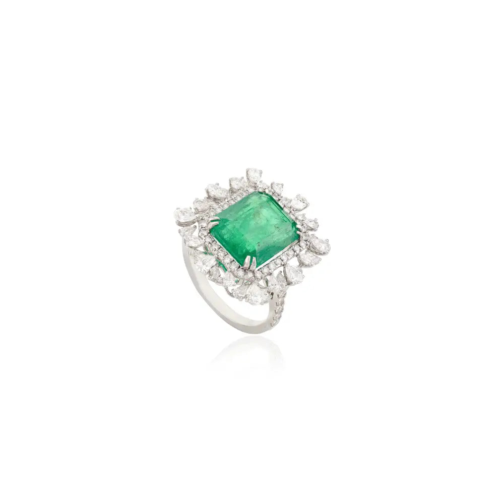 Natural Emerald & Diamond 18K White Gold Statement Cocktail Ring Wedding Jewelry
