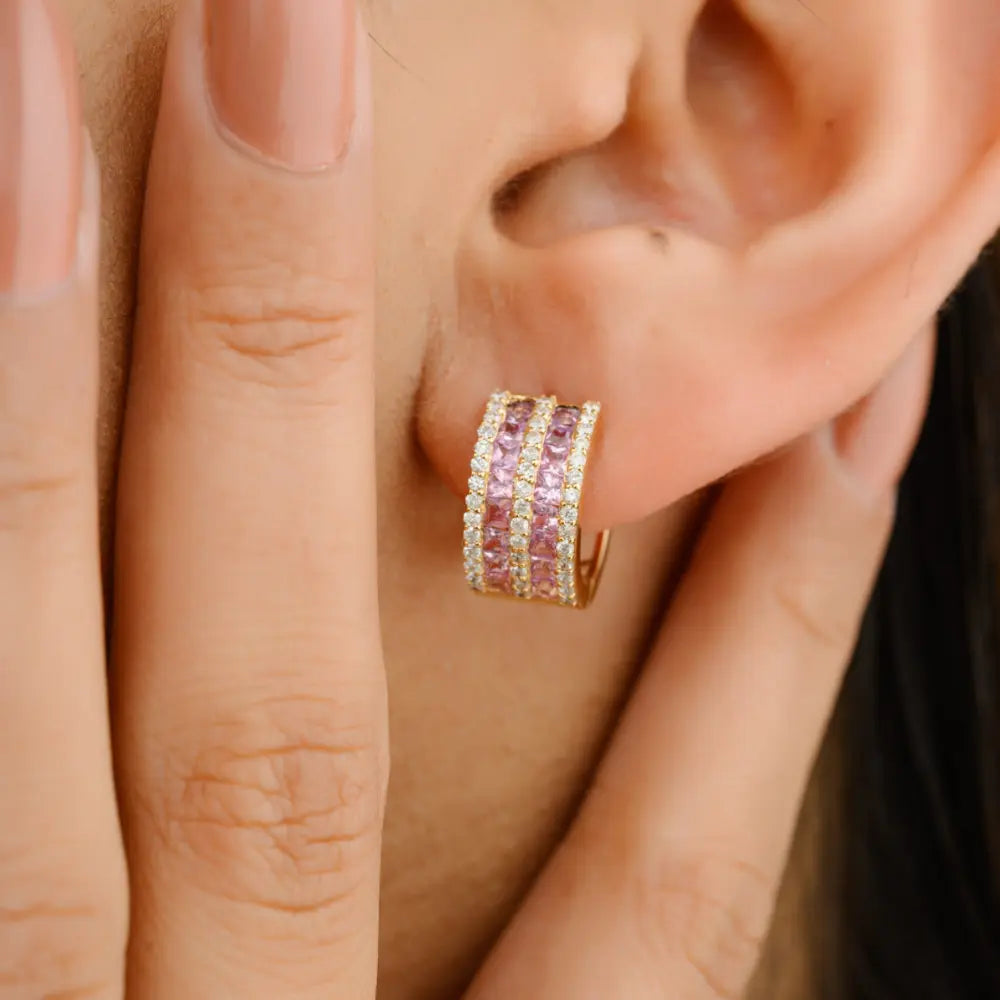 Handmade Natural Pink Sapphire & Diamond 18K Yellow Gold Hoop Earrings