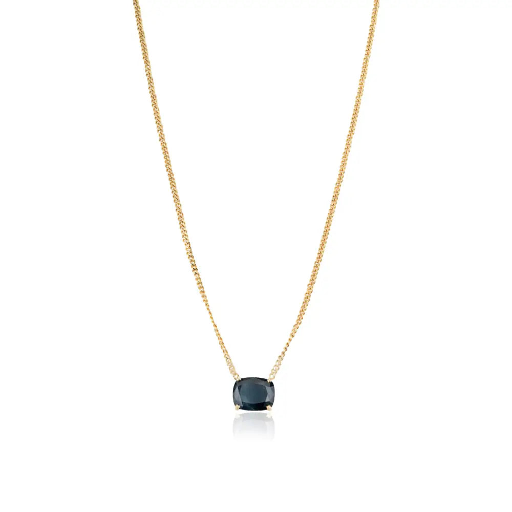 Prong Set Blue Sapphire 14K Solid Yellow Gold Cuban Chain Single Stone Pendant Necklace
