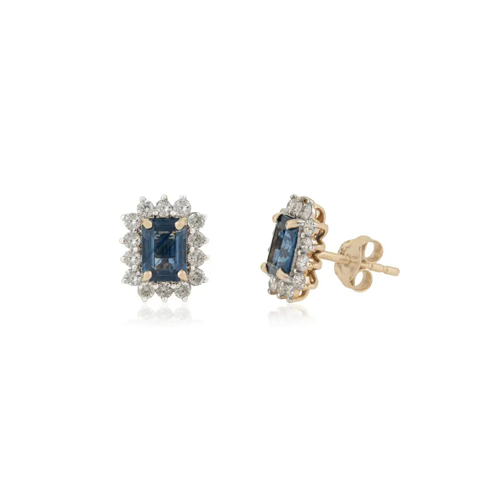 14K Real Yellow Gold Blue Sapphire & Diamond K14 Yellow Gold Cluster Stud Earrings For Women