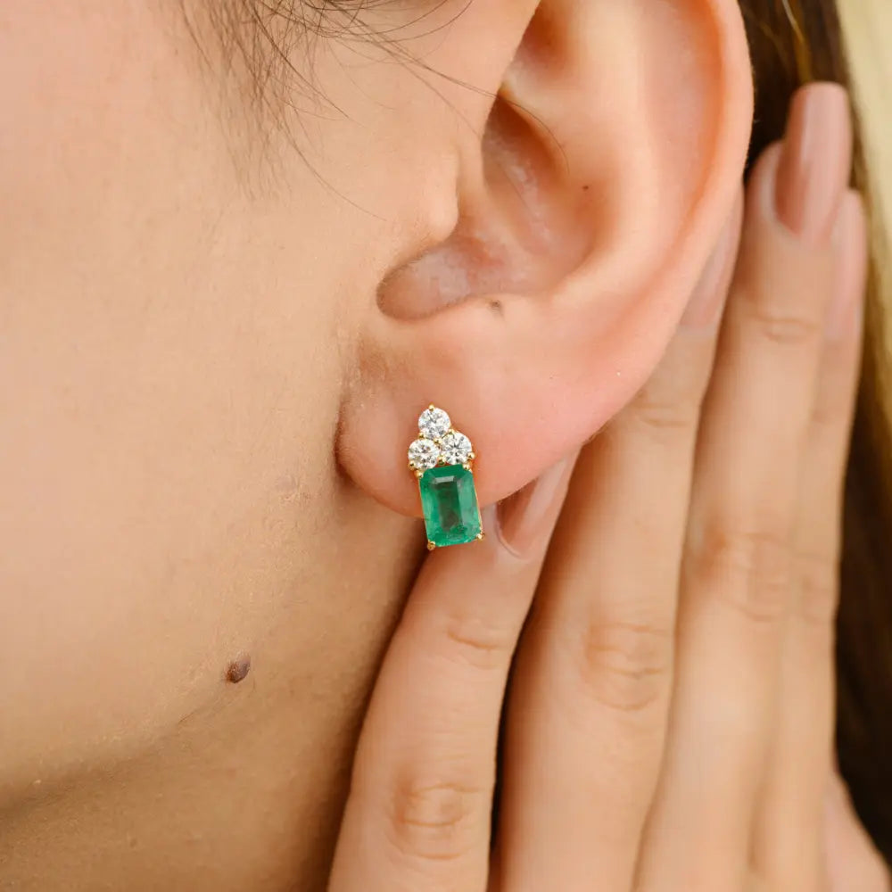 Birthstone Jewelry 18K Solid Yellow Gold Emerald & Diamond Stud Earring