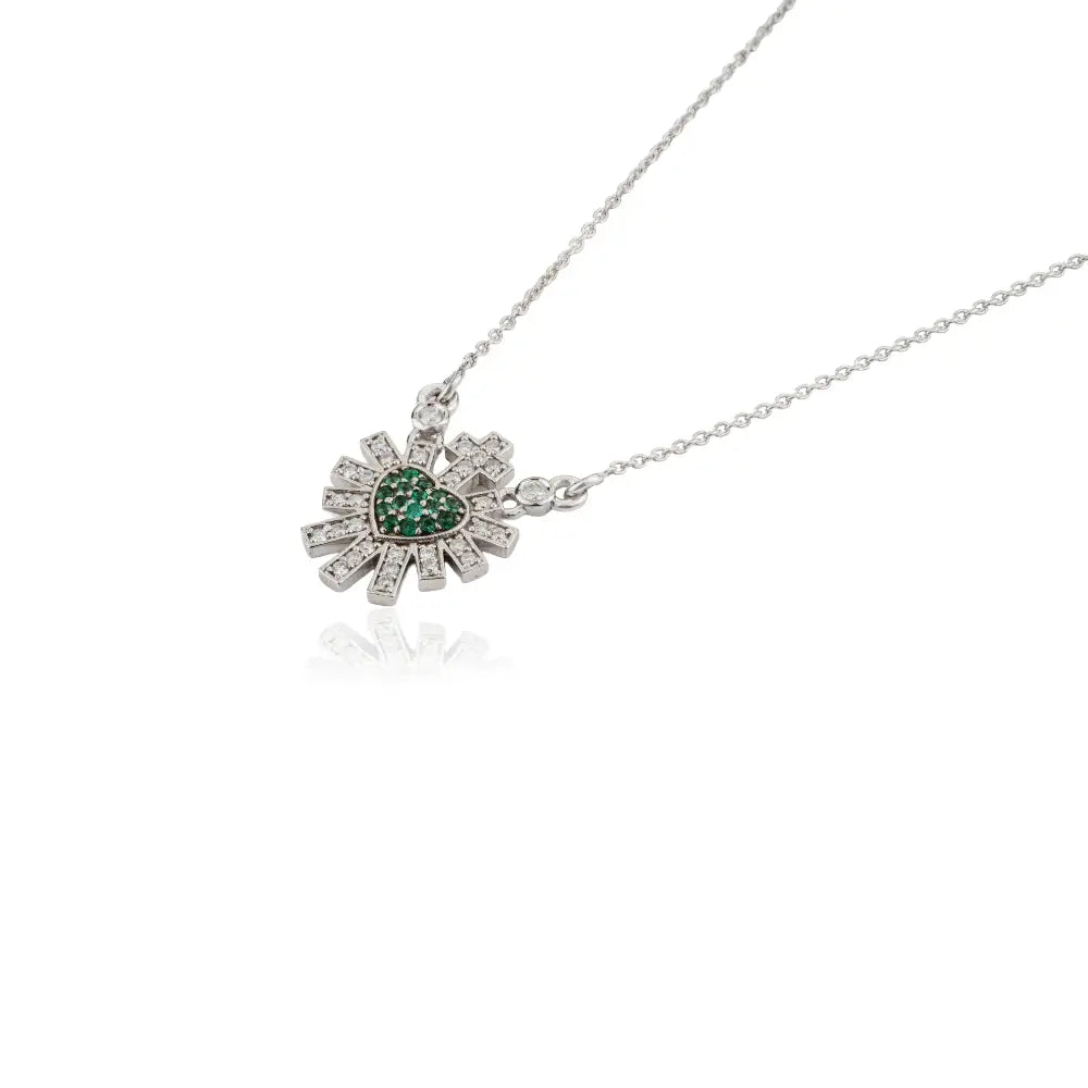 Emerald & Diamond Sacred Heart Sunburst Pendant Necklace For Women 14K Solid White Gold