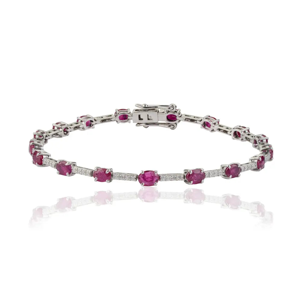 Precious Gemstone 14K White Gold Ruby & Diamond Sleek Tennis Bracelet Stackable Jewelry