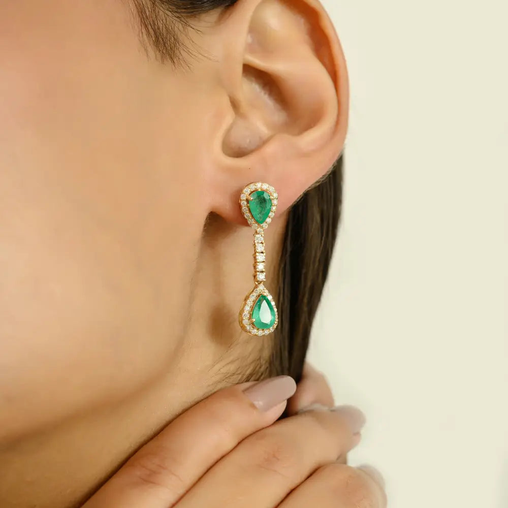 Halo Set Emerald & Diamond Pure 14K Yellow Gold Drop Earrings For Women Gemstone Jewelry