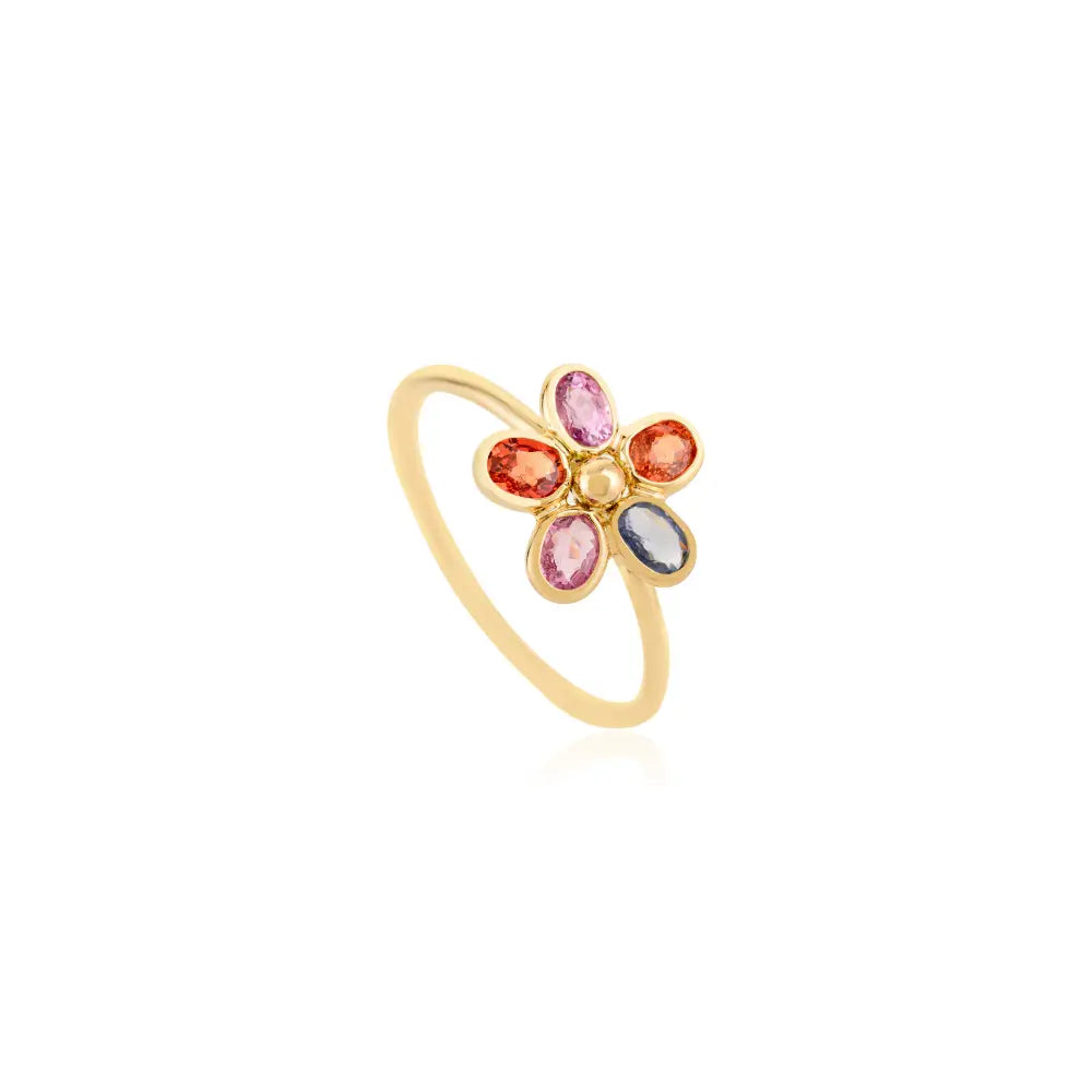 Stacking Design Bezel Set Multi Sapphire Flower Shape Ring Minimal Jewelry 14K Yellow Gold
