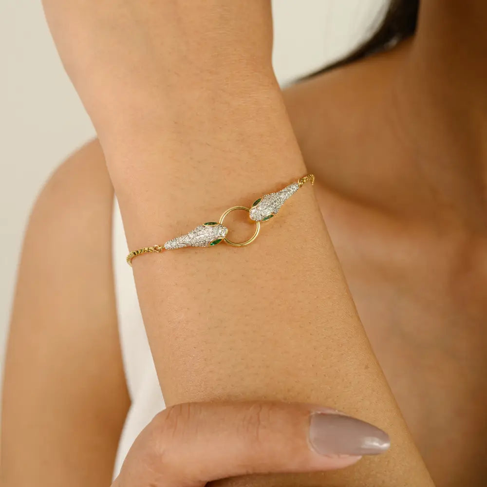 Real K18 Yellow Gold Emerald & Diamond Double-Headed Snake Bracelet Wedding Jewelry