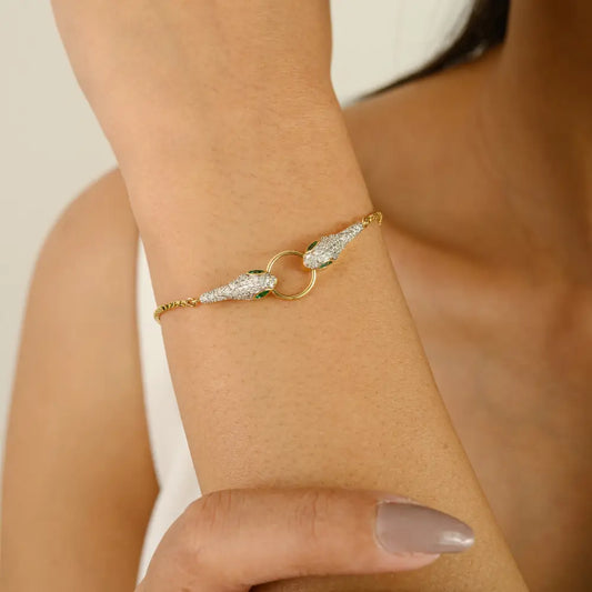 Real K18 Yellow Gold Emerald & Diamond Double-Headed Snake Bracelet Wedding Jewelry