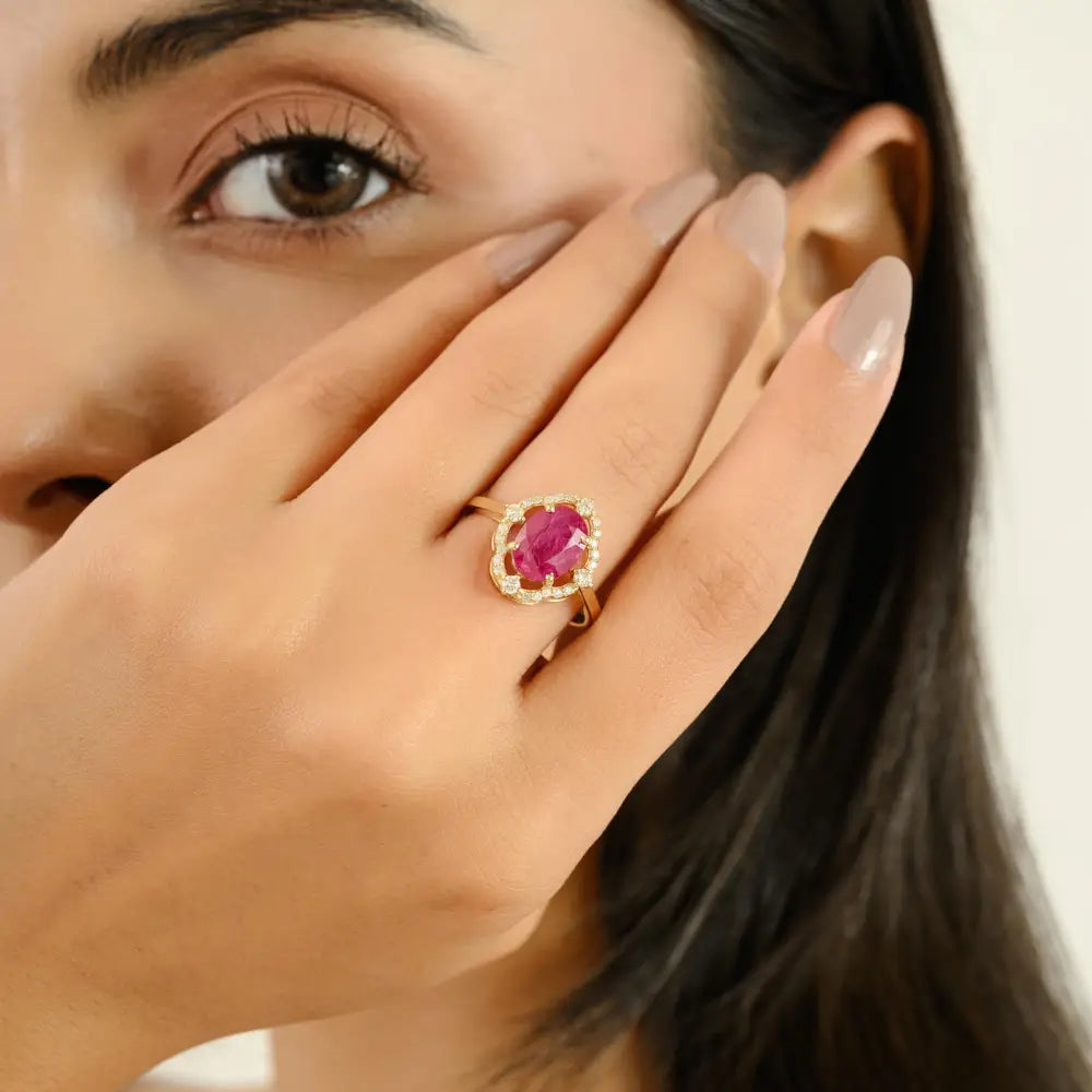 Unique Design 14K Real Yellow Gold Ruby & Diamond Engagement Ring Trending Fine Jewelry