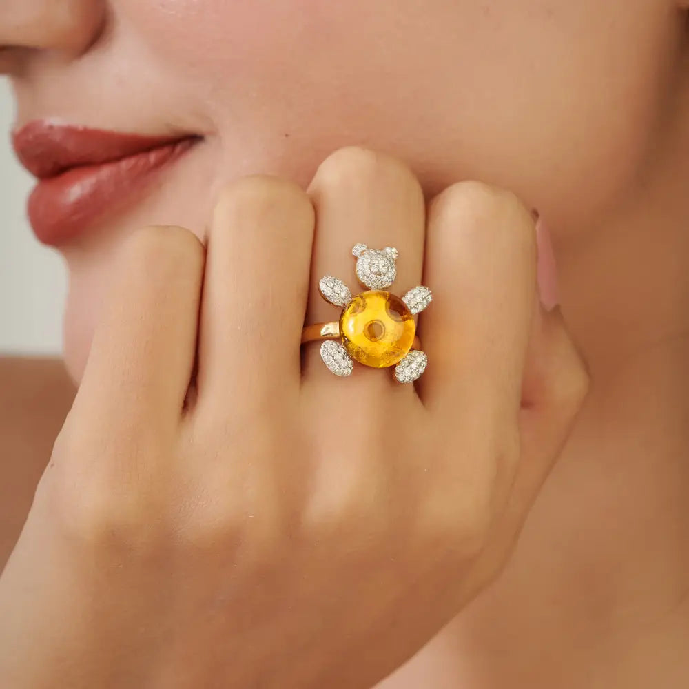 Unique Design Citrine & Diamond K18 Yellow Gold Teddy Bear Ring Statement Jewelry