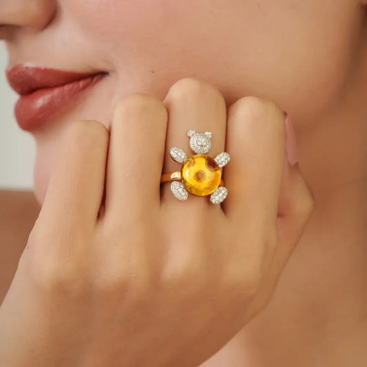 Unique Design Citrine & Diamond K18 Yellow Gold Teddy Bear Ring Statement Jewelry