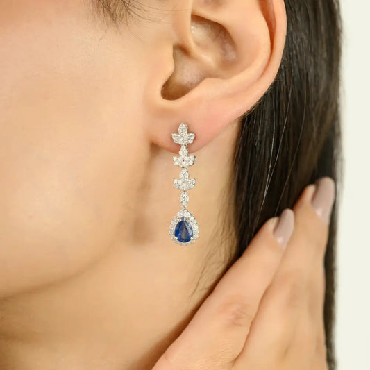 Birthstone Jewelry 14K Gold Blue Sapphire & Diamond Teardrop Dangle Earrings Wedding