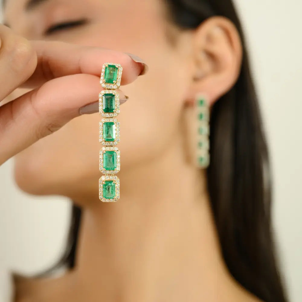 New Trendy Genuine Emerald & Diamond Long Dangle Earrings 14K Gold Luxury Jewelry