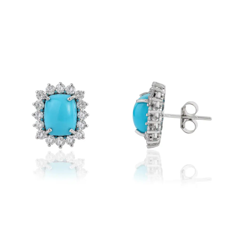 14K White Gold 9x7mm Octagon Cut Turquoise & Diamond Cluster Stud Earrings Bulk Jewelry