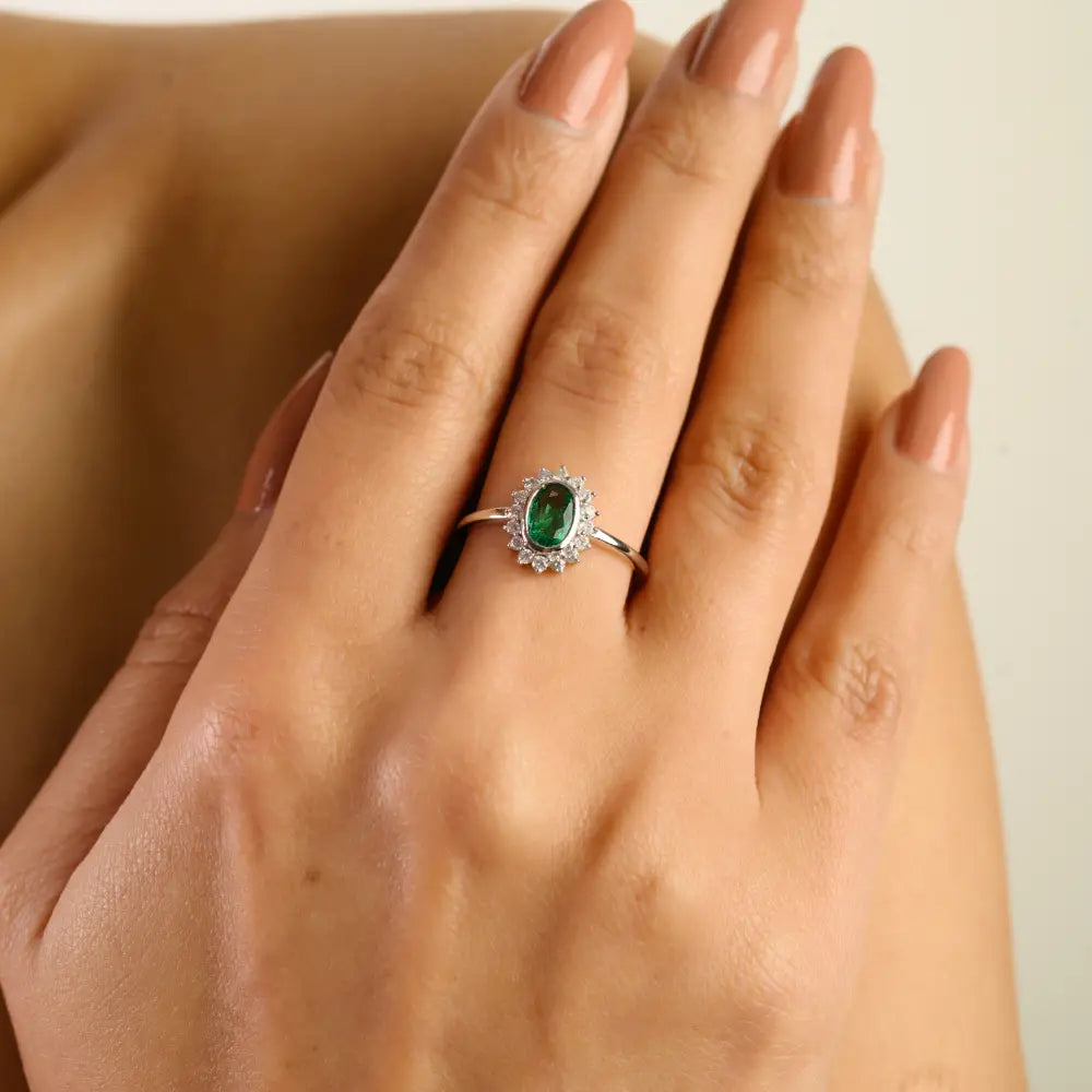 Bezel Set Emerald & Diamond Precious Gemstone Cluster Ring 14K Pure White Gold Fine Jewelry