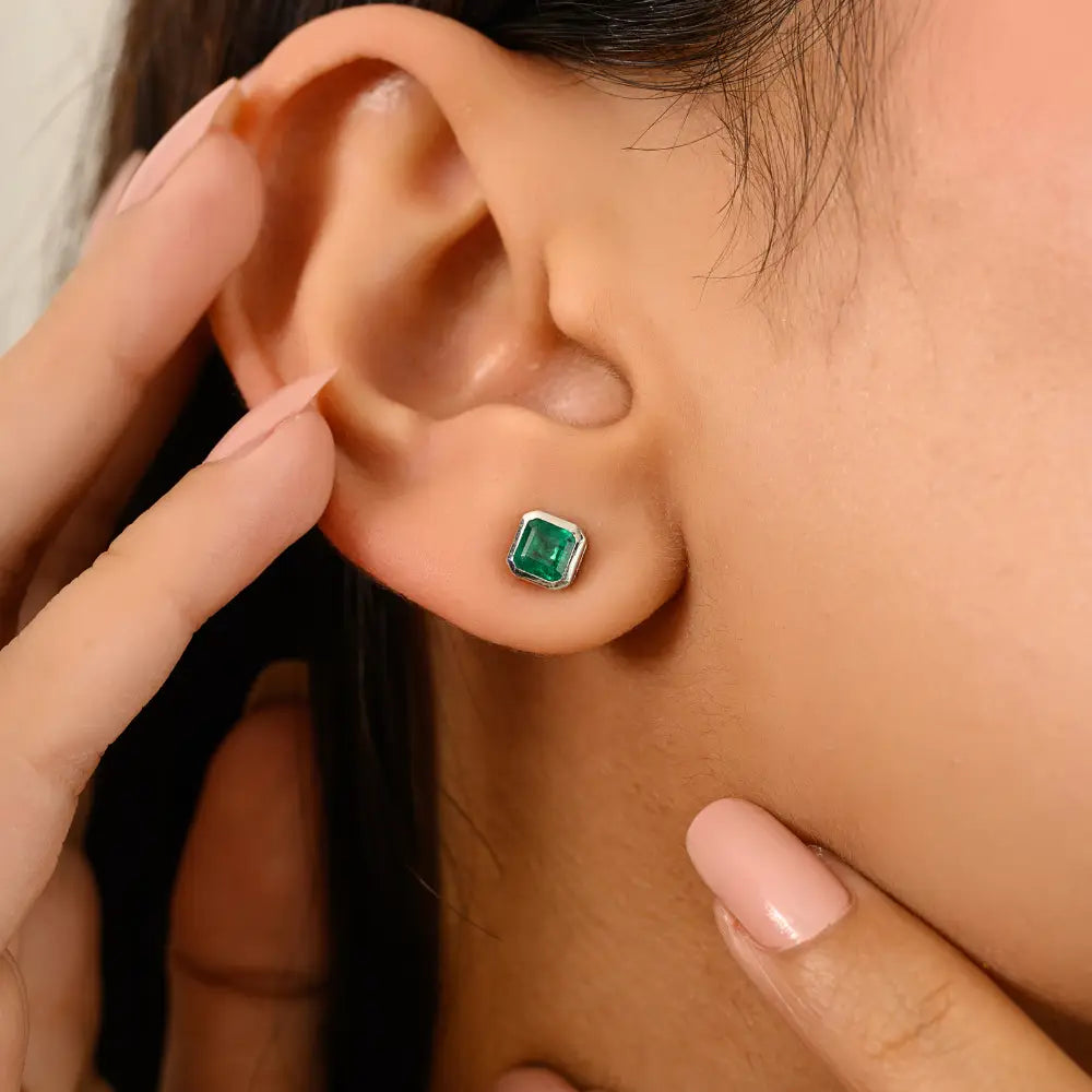 6X5 MM Octagon Gemstone Emerald Minimal Stud Earrings For Daily Wear Unisex 14K Gold