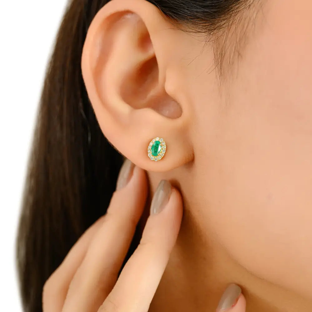 Stunning Minimal Emerald & Diamond Halo Small Stud Earrings Real K18 Yellow Gold Jewelry