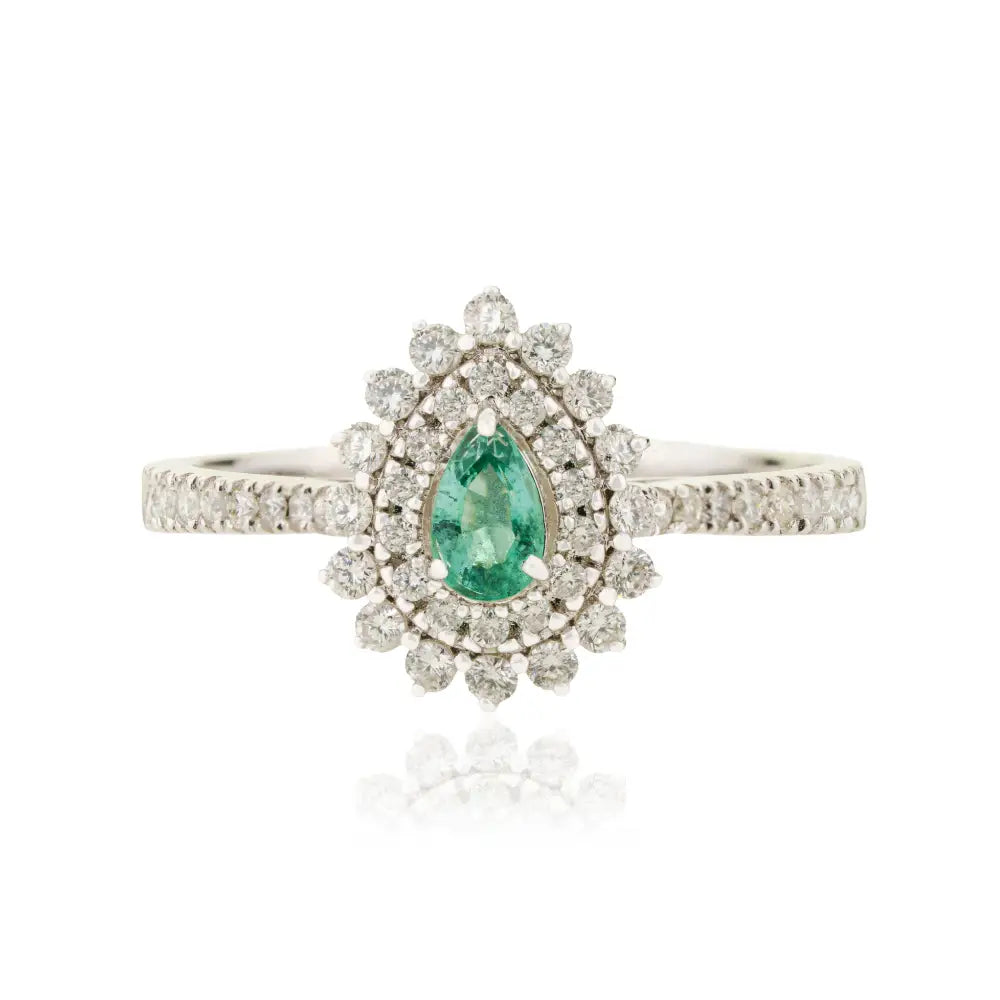 Real 18K White Gold Emerald & Diamond Pear Shape Double Cluster Ring Wedding Jewelry