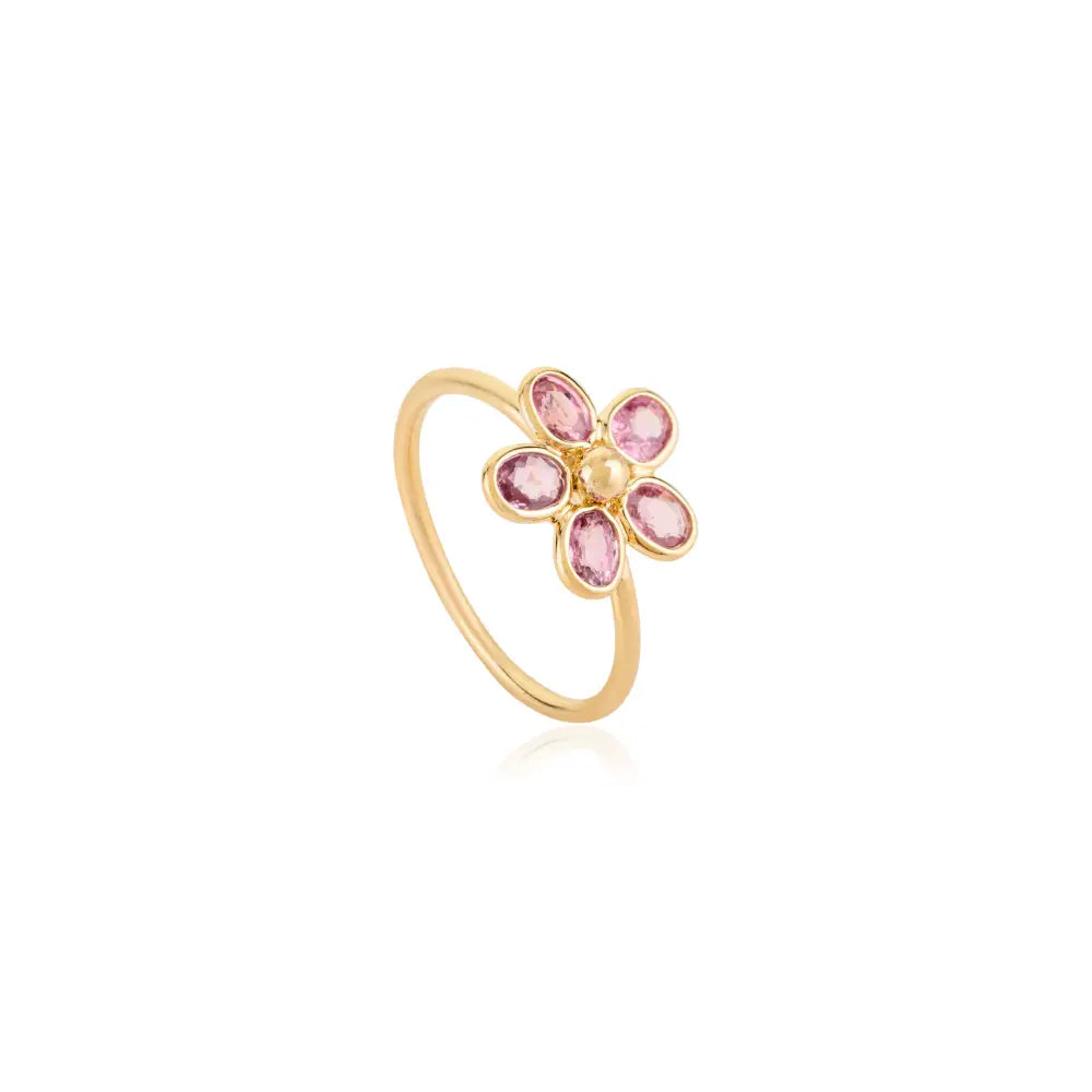 Elegant Design Bezel Set Pink Sapphire Pure 14K Yellow Gold Flower Shape Ring Fine Jewelry