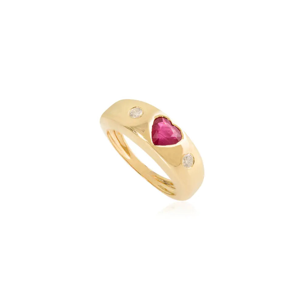 Heart Shape Ruby & Diamond Chunky Gypsy Ring Valentine's Day Gift 18K Yellow Gold