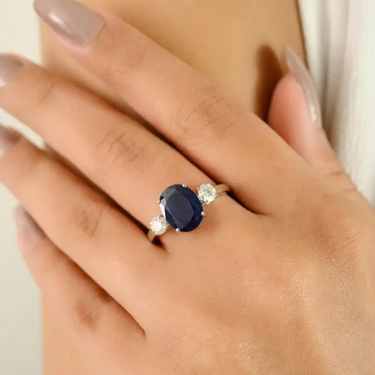 Pure 14K White Gold Blue Sapphire & Diamond Prong Setting Three Stone Ring Wedding Jewelry