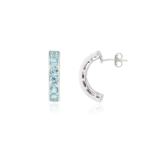 Solid 925 Sterling Silver Natural Round Blue Topaz December Birthstone C Shape Hoop Earrings