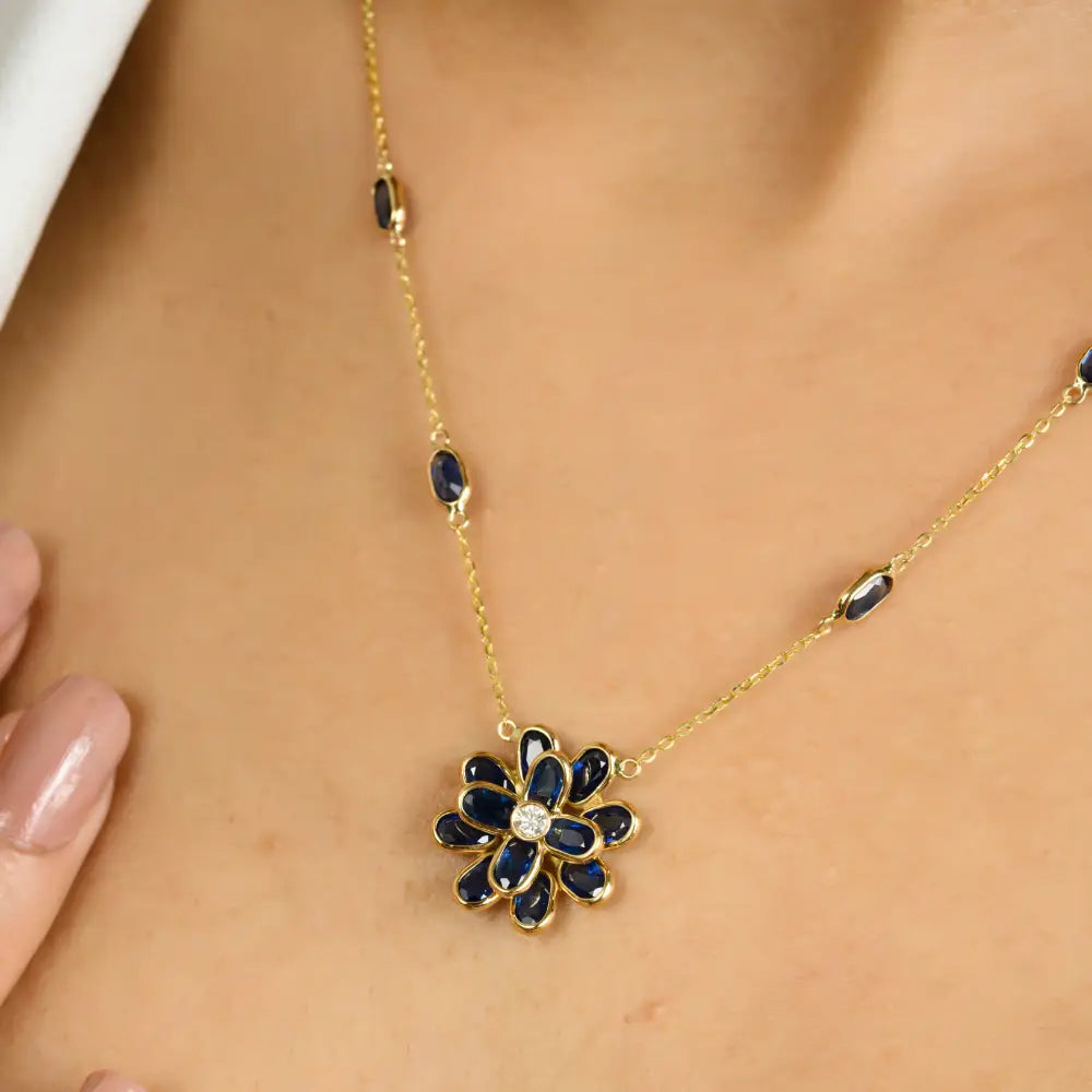 Birthstone Jewelry Solid 14K Gold Blue Sapphire & Diamond Floral Shape Pendant Necklace