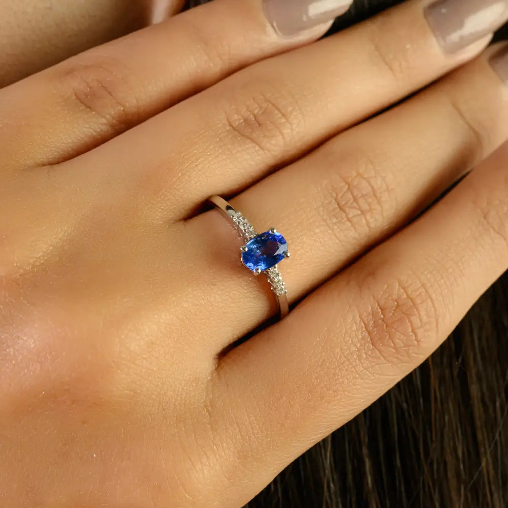 Simple Elegant Blue Sapphire & Diamond 14K White Gold Stackable Gemstone Ring For Women