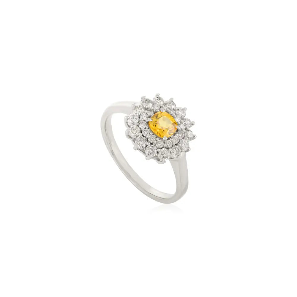 Trending Yellow Sapphire & Diamond Double Cluster Engagement Ring 14K Pure White Gold
