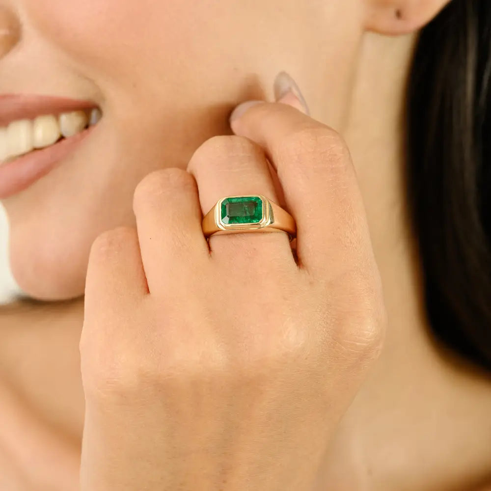 Bezel Set Zambian Emerald Trending East West Signet Ring 14K Real Yellow Gold Fine Jewelry