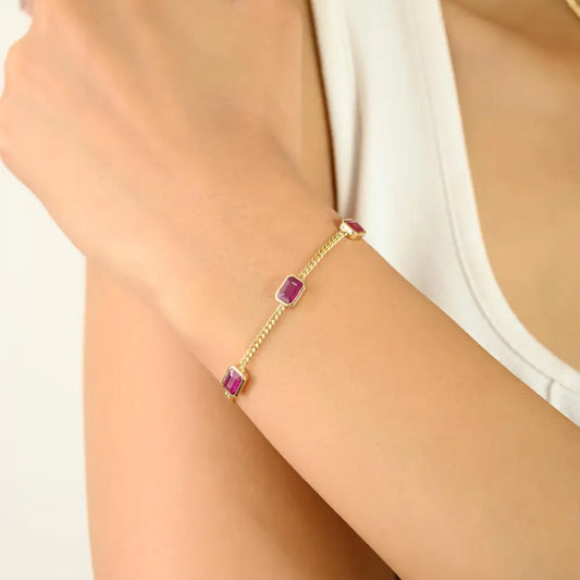 Fine Trending 100% Genuine Ruby Station Cuban Chain Bracelet For Women 14K Yellow Gold